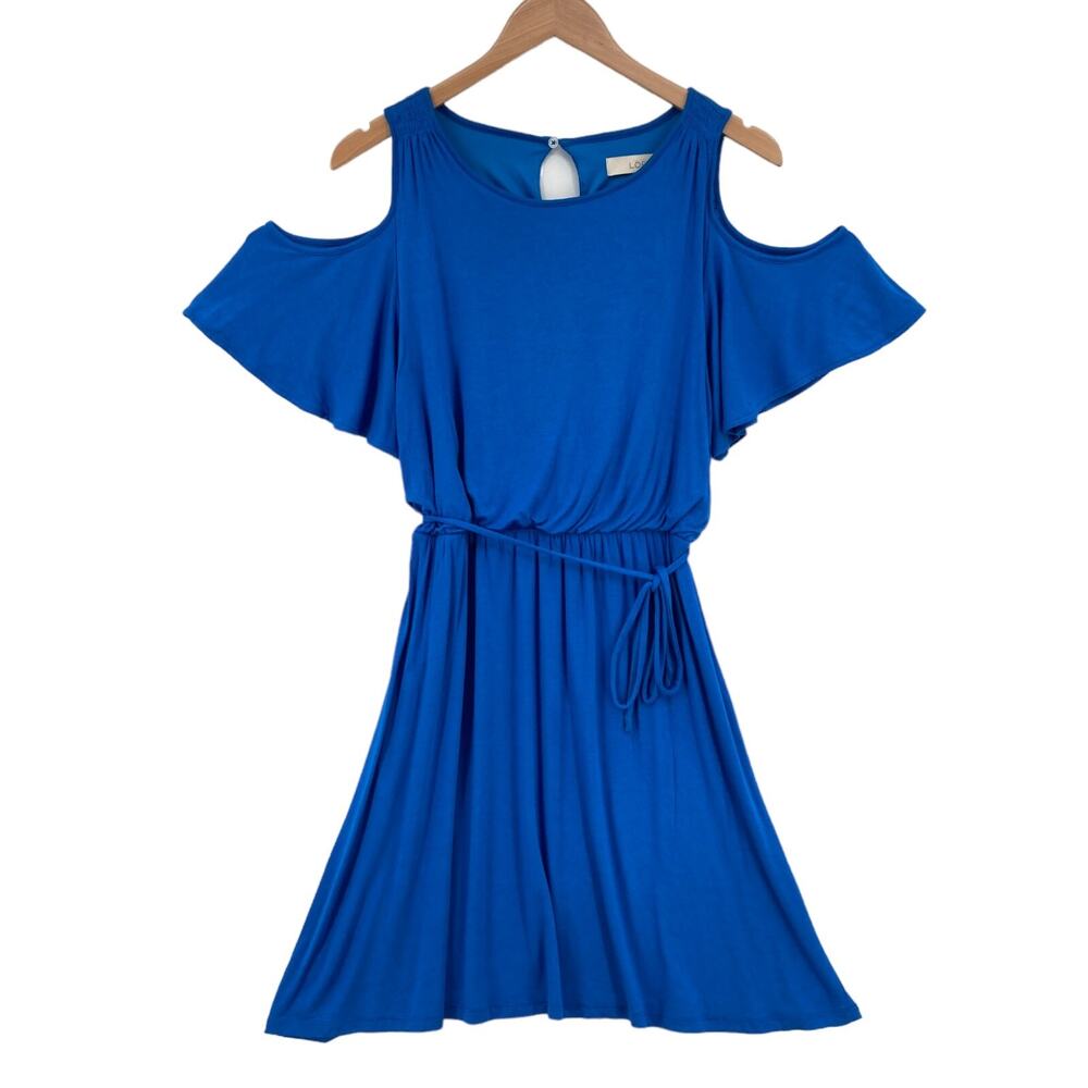 LOFT Blouson Dress Womens Petite Medium Blue Round Neck Cold Shoulder Pleated